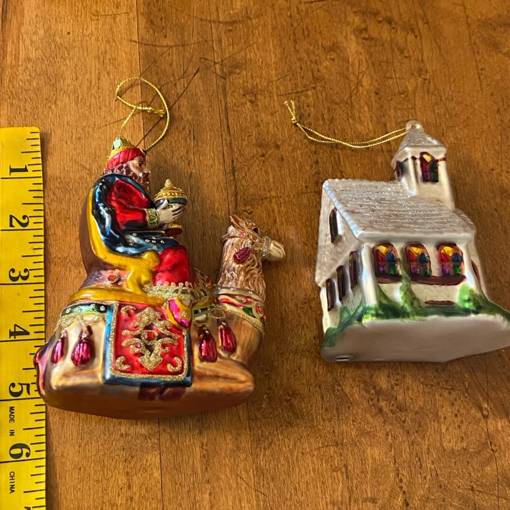 Christmas Tree Glass Ornaments Wise Man on Camel and Country Church Lot of 2